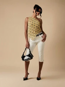 MISSGUIDED One Shoulder Polka Dot Sheer Chiffon Top Asymmetric Hem Sleeveless Party Summer Blouse - Khaki - View 3