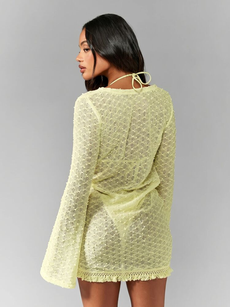 MISSGUIDED Knit Wrap Mini Dress With Flare Bell Sleeves Fringe Hem Bead Trim Semi-Sheer Beach Cover-Up Summer Festival