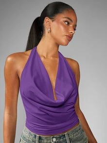 MISSGUIDED Cowl Neck Halter Crop Top With Open Back Tie Detail, Draped Wrap Style, Summer Top - Purple - View 5
