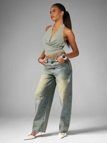 MISSGUIDED Halter Neck Cowl Drape Crop Top With Open Back Tie Detail, Summer Backless Top - Light Grey - View 4