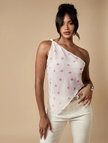 MISSGUIDED 單肩圓點垂墜上衣，不對稱下擺夏季派對雪紡襯衫 - 白色 - 查看 7