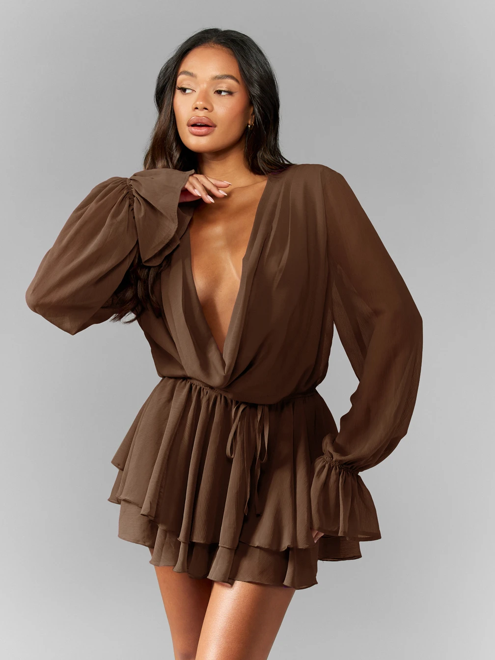 brown mini dress ruffle Shirred Halter Neck Ruffle Mini Dress