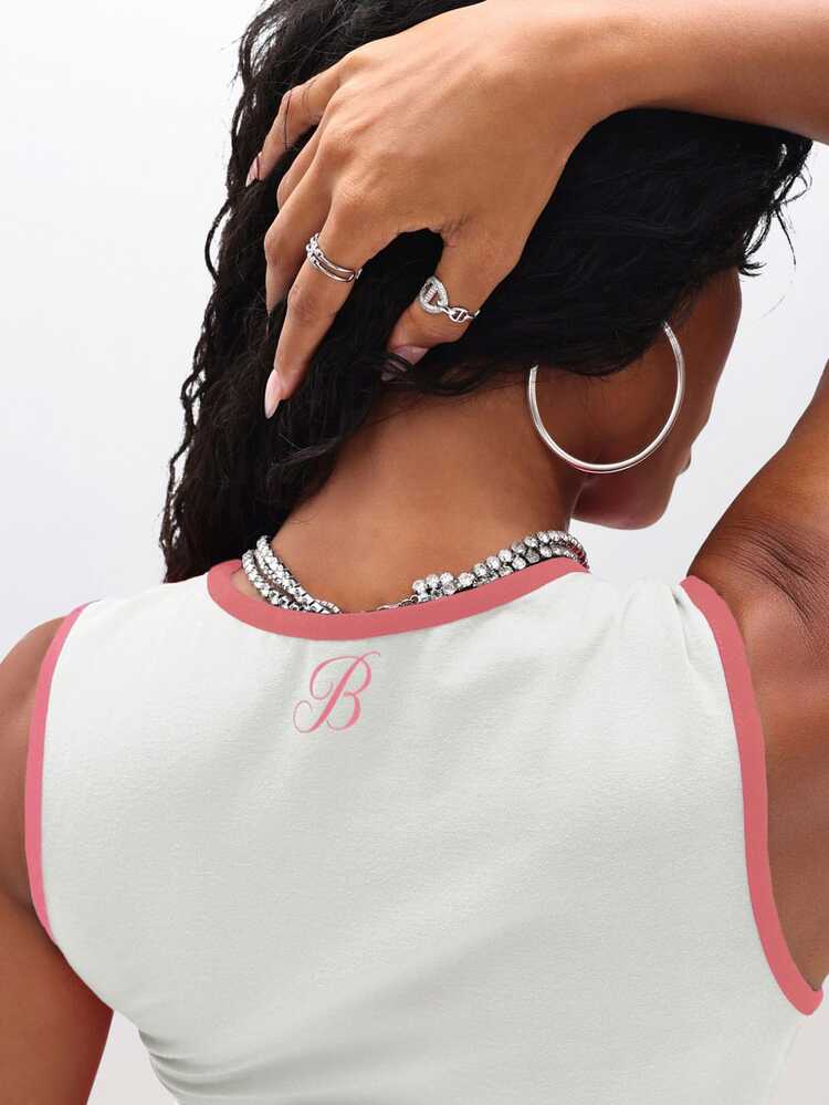 BABYPHAT Débardeur graphique avec bordure contrastée, imprimé de ligne de silhouette, t-shirt court sans manches, Top décontracté pour festival d'été