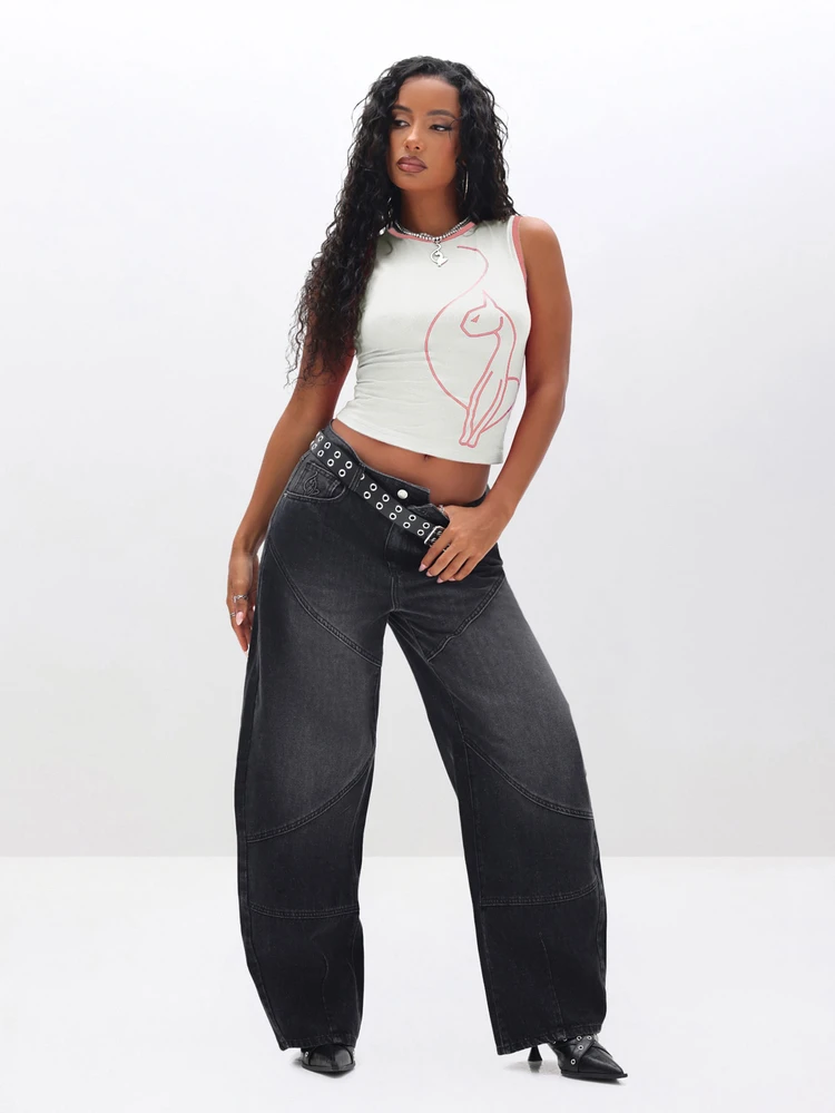 BABYPHAT Débardeur graphique avec bordure contrastée, imprimé de ligne de silhouette, t-shirt court sans manches, Top décontracté pour festival d'été