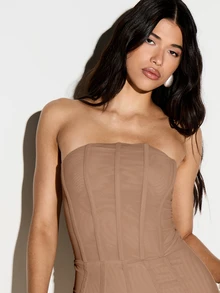 KIZN Strapless Corset Mini Dress With Pleated Flippy Hem And Boned Bodice For Party Night Out - Brown - View 5