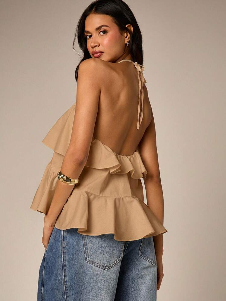 Tiered Ruffle Halter Top With Open Back
