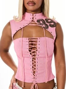 SUMWON WOMEN Denim Corset Top Lace-Up High Neck Sleeveless Cargo Style Cut-Out Crop - Baby Pink - View 2