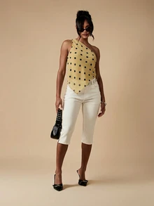 MISSGUIDED One Shoulder Polka Dot Sheer Chiffon Top Asymmetric Hem Sleeveless Party Summer Blouse - Khaki - View 6