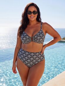 ELLERISSA Plus Size Black Tile Palm Print Bikini Set With Gold Hardware - Black and White - View 4