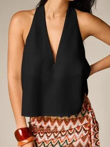 AiiRZ Deep V-Neck Halter Top With Racerback Design, Flowy Sleeveless Blouse For Summer Vacation And Evening - Black - View 2