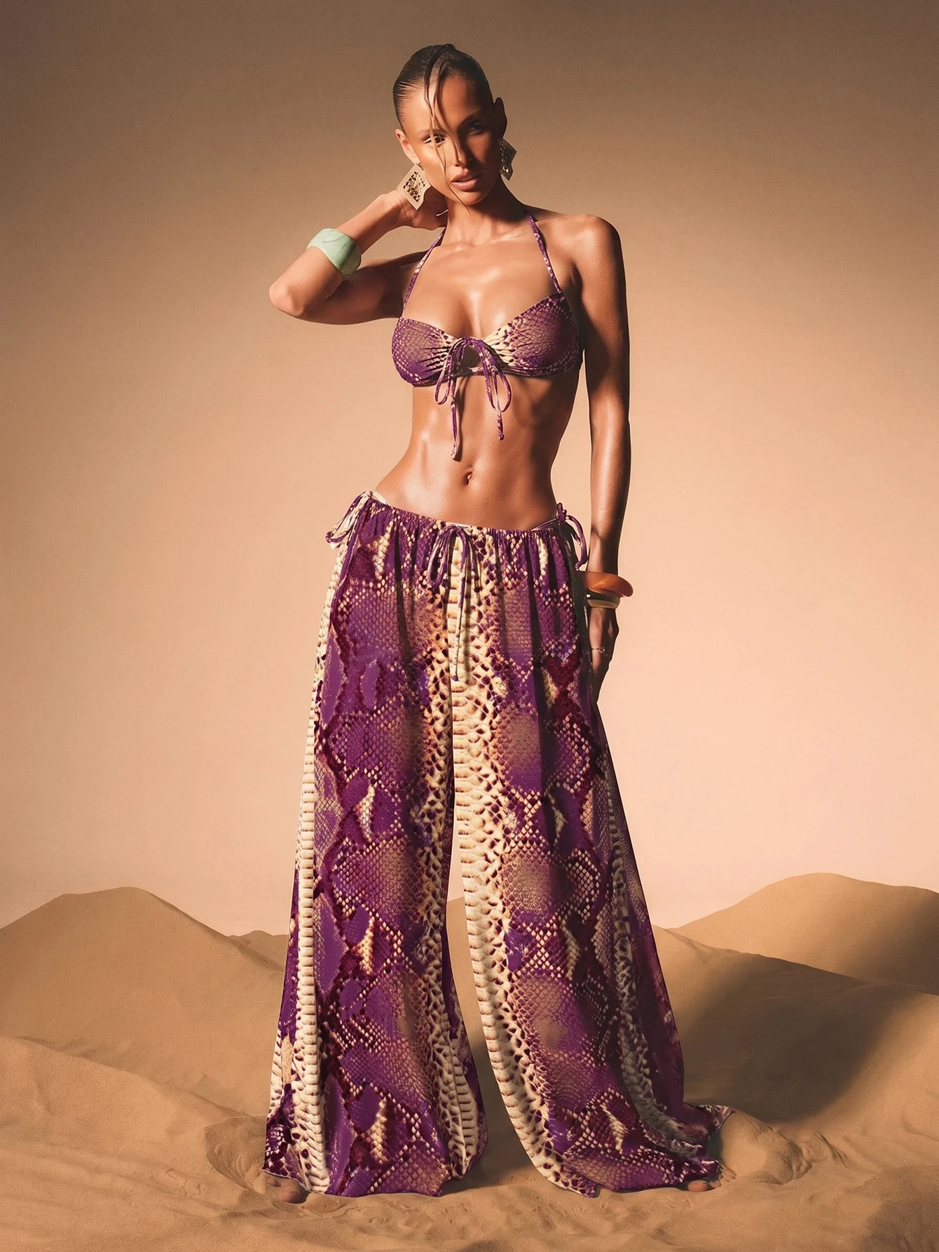 Snake Print Mesh Wide Leg Drawstring Trousers