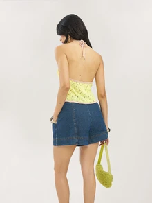 Dancing Leopard Königsblau Denim Shorts mit fließendem Saum, Sommeroutfits für Frauen - Königsblau - Übersicht 2