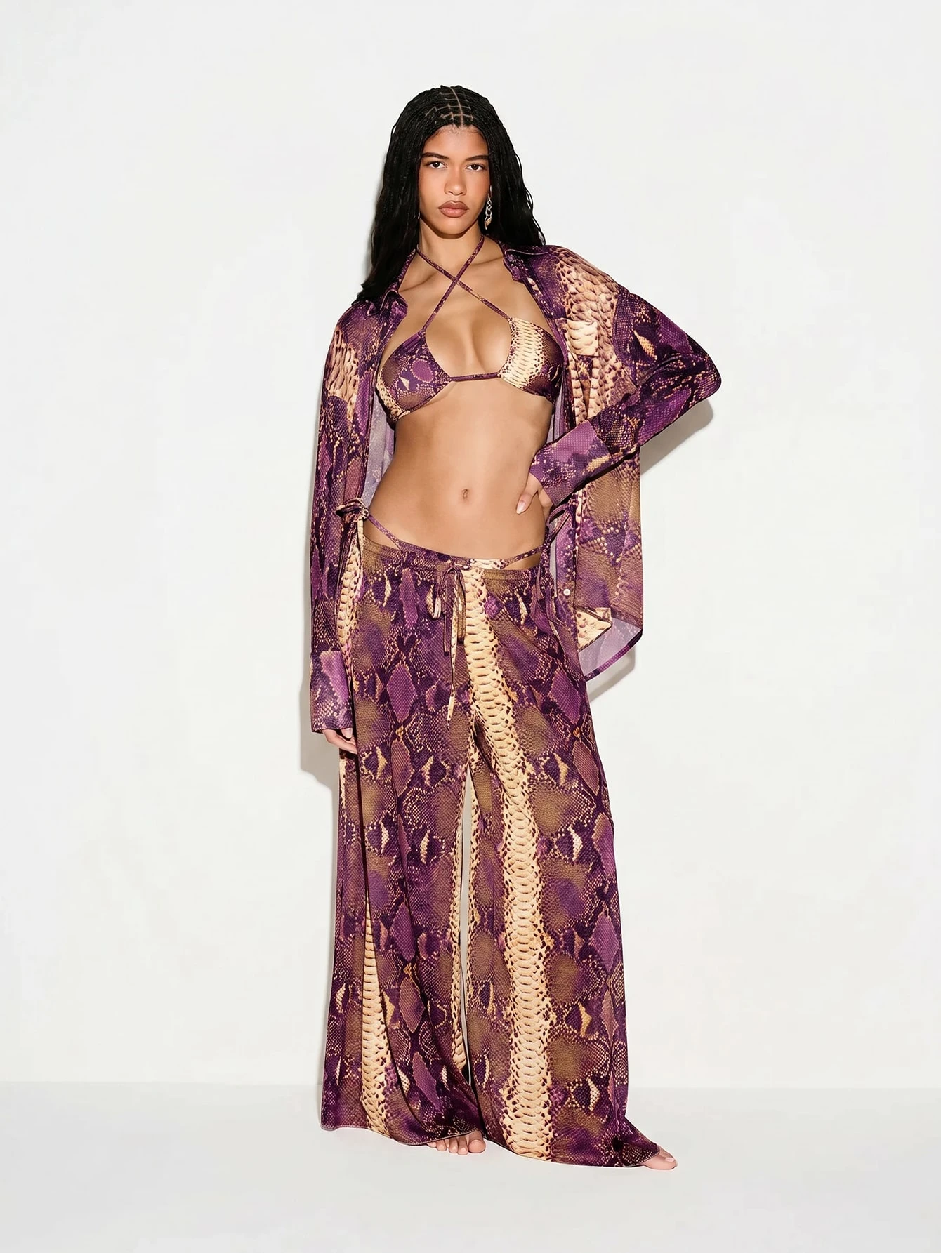 Snake Print Mesh Wide Leg Drawstring Trousers