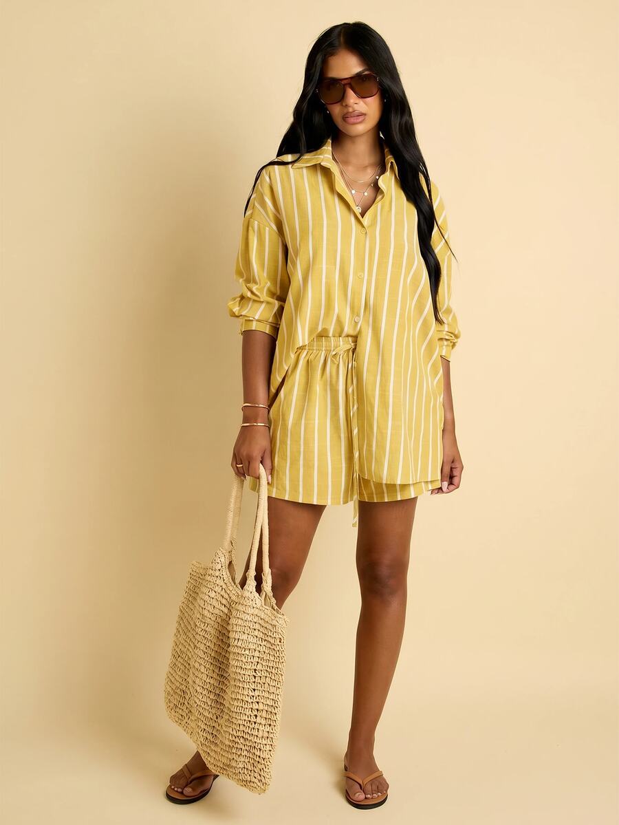 FASHION SZN Womens Casual Striped Cotton Feel Shorts Lightweight Drawcord Tie Waist Elasticated Summer Holiday Beachwear City Break Loose Fit Preppy Sporty Airport Travel Holiday Ibiza - Yellow - View 1