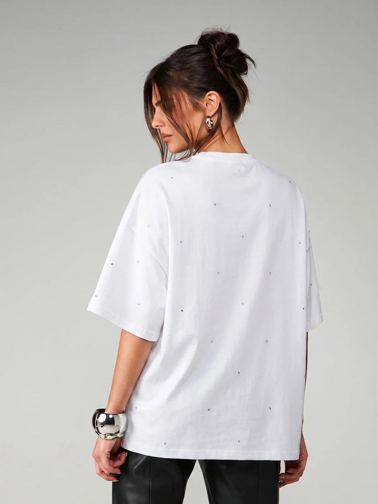 MISSGUIDED Rhinestone Scatter Hotfix Detail Oversized Drop Shoulder T-Shirt Casual Relaxed Fit Crew Neck Short Sleeve Top