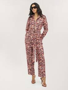 Dancing Leopard Brown And Pink Snake Print Belted Jumpsuit, Everyday Weekend Wear - Multicolor - View 4