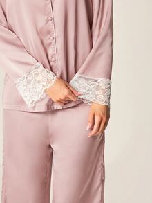MISSGUIDED Satin Pajama Set With Lace Trim Cuffs And Wide Leg Pants Button Down Long Sleeve Shirt Loungewear - Pink - View 3
