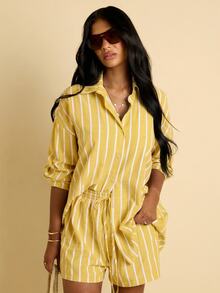 FASHION SZN Womens Casual Striped Cotton Feel Shorts Lightweight Drawcord Tie Waist Elasticated Summer Holiday Beachwear City Break Loose Fit Preppy Sporty Airport Travel Holiday Ibiza - Yellow - View 3