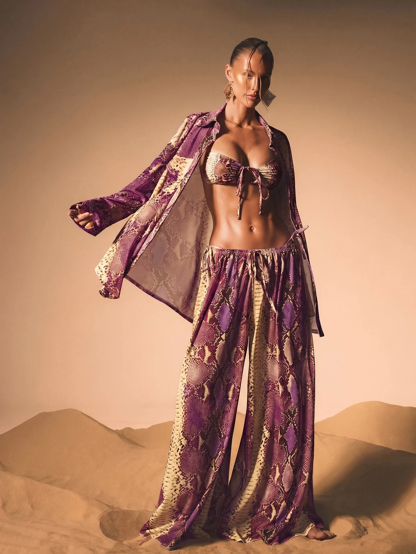Snake Print Mesh Wide Leg Drawstring Trousers