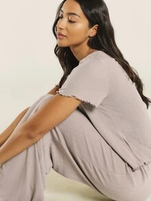 KSTM Ribbed Knit Short Sleeve Crew Neck Top And Wide Leg Full Length Pants Lounge Set With Lettuce Hem Detail - Grey - View 1