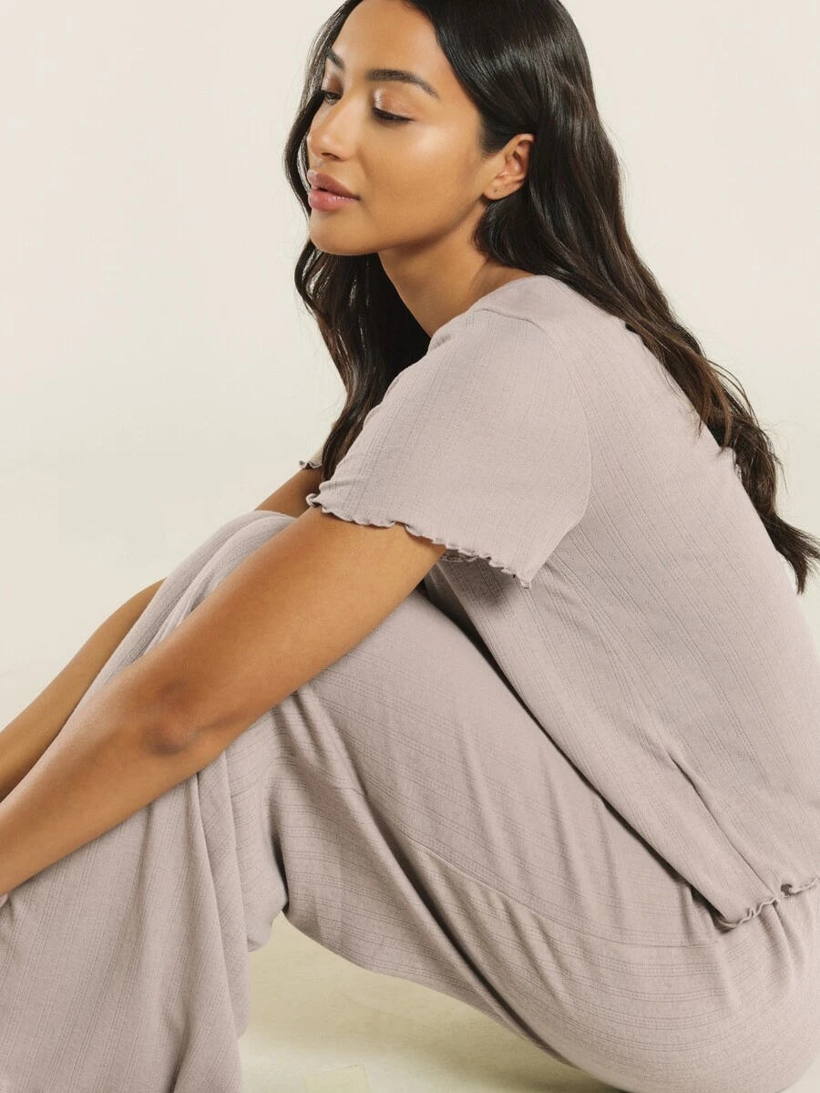 KSTM Ribbed Knit Short Sleeve Crew Neck Top And Wide Leg Full Length Pants Lounge Set With Lettuce Hem Detail - Grey - View 1