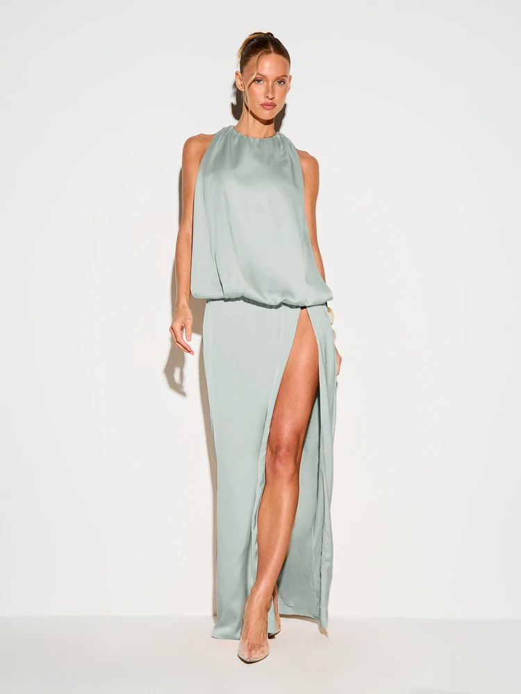 Halter Neck Satin Maxi Dress With Knot Back