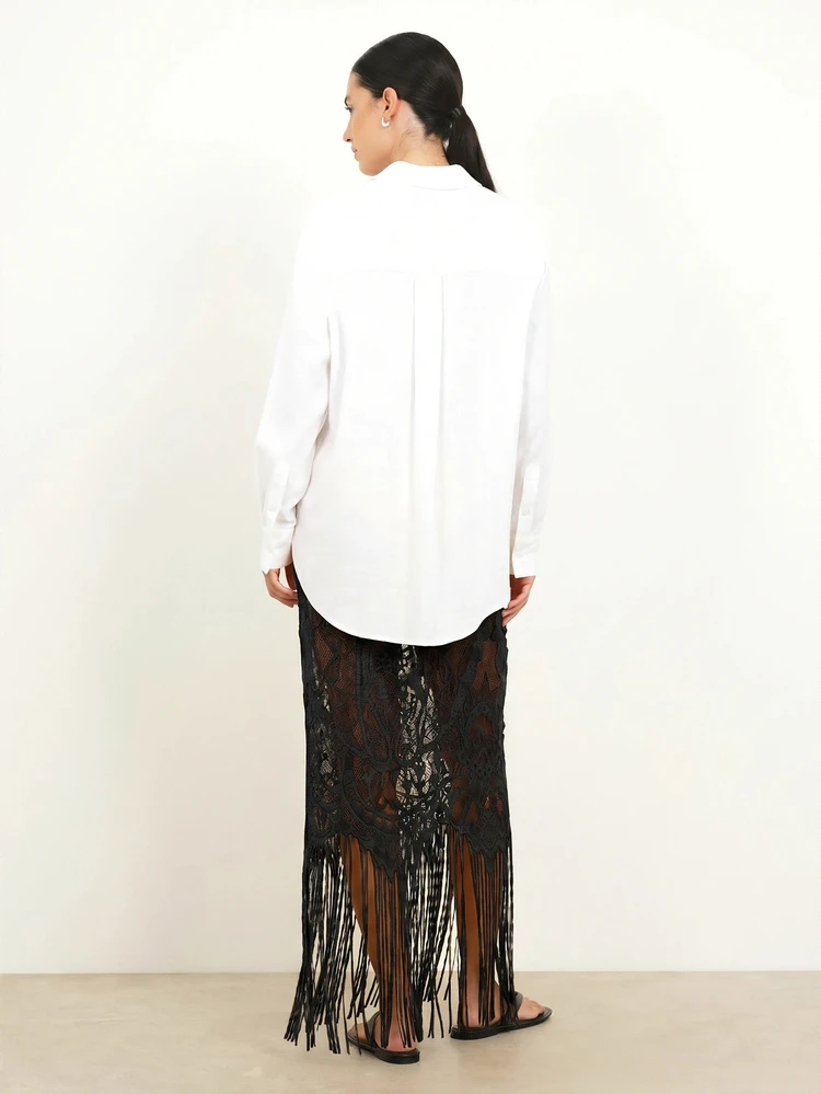 KSTM Sheer Lace Maxi Skirt With Long Fringe Hem Bohemian Semi-Transparent Floral Lace Evening Festival Skirt