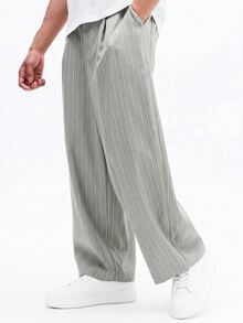 SUMWON Crop Fit Wide Leg Pleated Pinstripe Linen Feel Trousers With Elastic Waist For Smart Casual Summer Style - Green - View 4