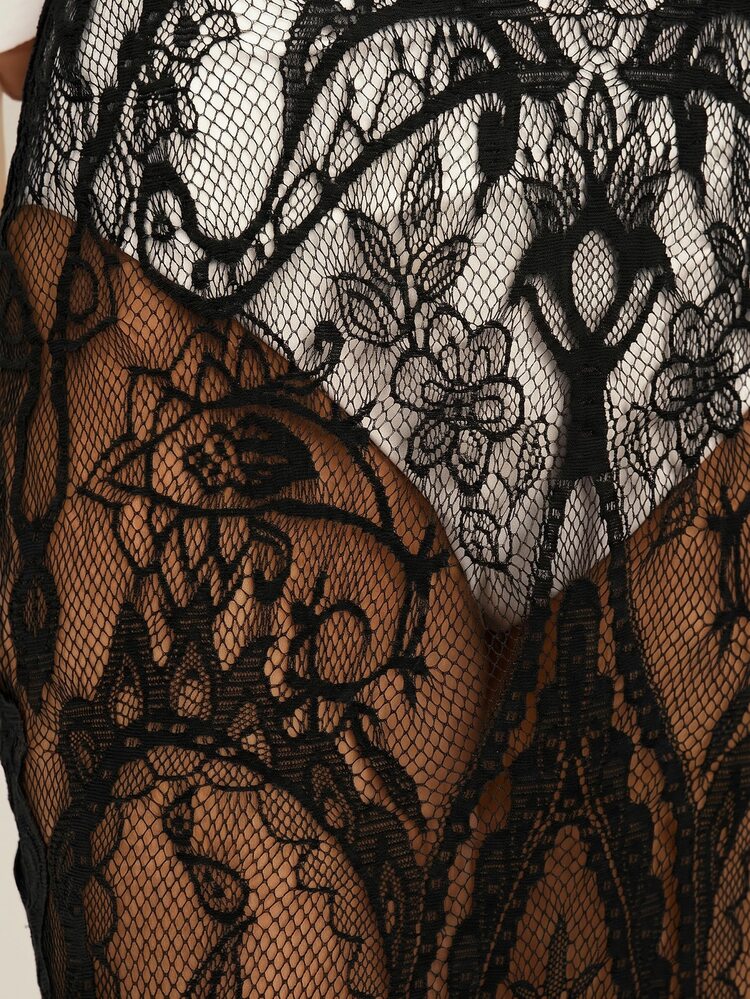 KSTM Sheer Lace Maxi Skirt With Long Fringe Hem Bohemian Semi-Transparent Floral Lace Evening Festival Skirt