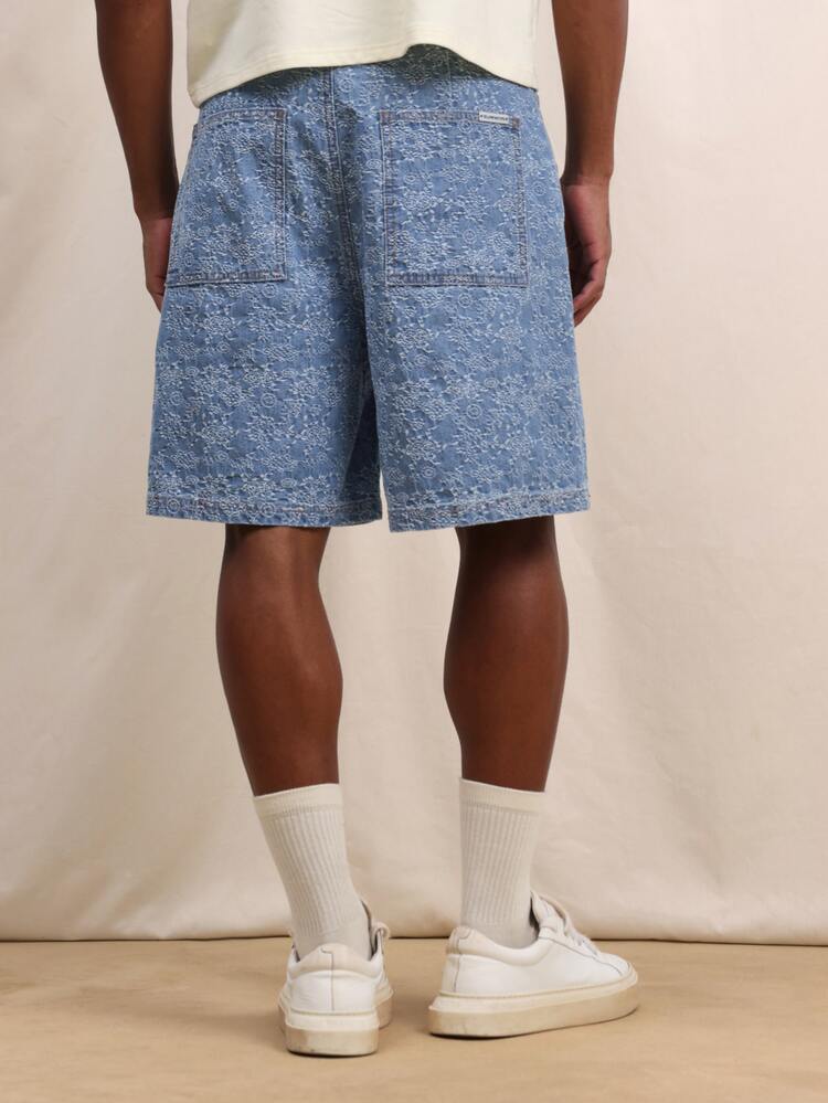 Regular Fit Textured Denim Shorts With Floral Lace Print All Over For Casual Summer Wear