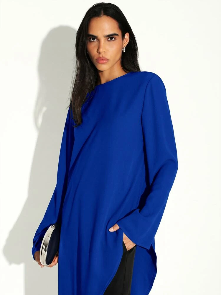KSTM Asymmetric Longline Blouse With Long Sleeves, Flowing Hem, Round Neckline, And Elegant Draped Silhouette