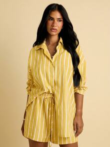 FASHION SZN Womens Casual Striped Cotton Feel Shorts Lightweight Drawcord Tie Waist Elasticated Summer Holiday Beachwear City Break Loose Fit Preppy Sporty Airport Travel Holiday Ibiza - Yellow - View 6
