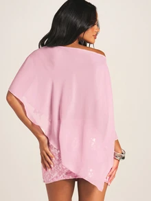 MISSGUIDED Chiffon Cold Shoulder Poncho Top Sheer Draped Cape Style Asymmetric Hem Party Evening Summer - Pink - View 2