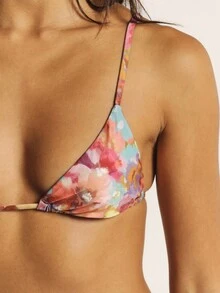 KSTM Triangle Bikini Top With Floral Watercolor Print Spaghetti Straps Deep V-Neckline Summer Beach Swimwear - Multicolor - View 5