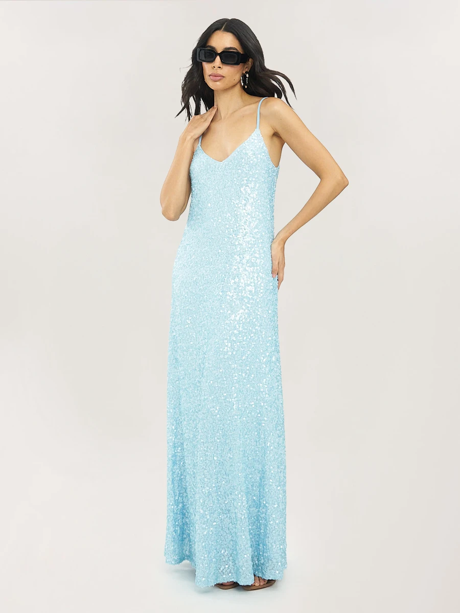 Dancing Leopard Pale Blue Sequin V-Neck Maxi Dress, Evening Party Outfit - Green - View 1