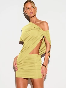 KIZN Off Shoulder Draped Mini Dress With Cut-Out Detail And Ruched Bodycon Skirt For Party Summer Nights - Yellow - View 1