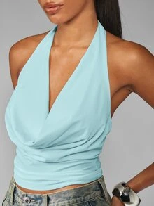 MISSGUIDED Cowl Neck Halter Crop Top With Tie Back And Deep V-Neckline For Summer And Vacation - Baby Blue - View 6