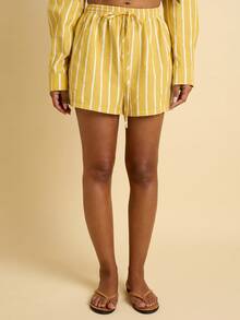 FASHION SZN Womens Casual Striped Cotton Feel Shorts Lightweight Drawcord Tie Waist Elasticated Summer Holiday Beachwear City Break Loose Fit Preppy Sporty Airport Travel Holiday Ibiza - Yellow - View 5