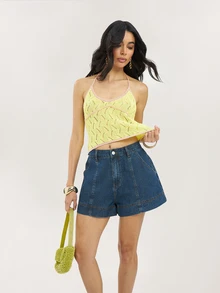 Dancing Leopard Königsblau Denim Shorts mit fließendem Saum, Sommeroutfits für Frauen - Königsblau - Übersicht 3