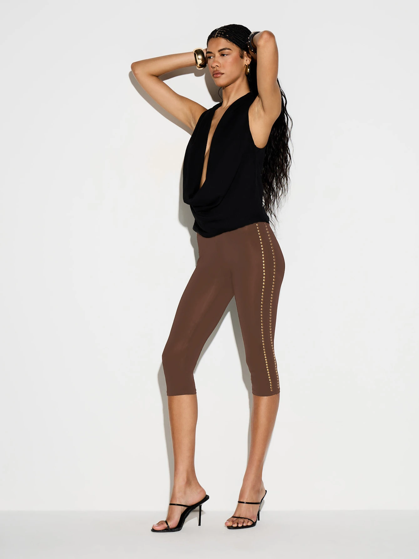 Capri Leggings With Gold Studded Side Stripe
