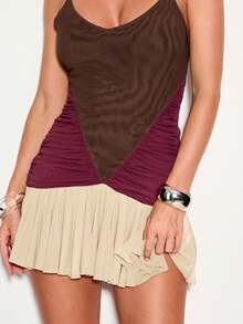 KIZN Mesh Panelled Color Block Mini Dress With Ruched Body, Spaghetti Straps, And Pleated Hem - Black - View 6
