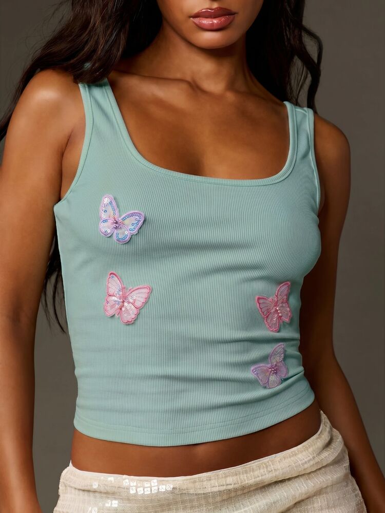MISSGUIDED Ribbed Crop Tank Top With Embroidered Butterfly Applique Patches Scoop Neck Sleeveless Summer Festival Top