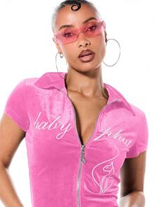 BABYPHAT Velour Zip-Up Collared Crop Top With Script Logo And Cat Embroidery Detail - Pink - View 4