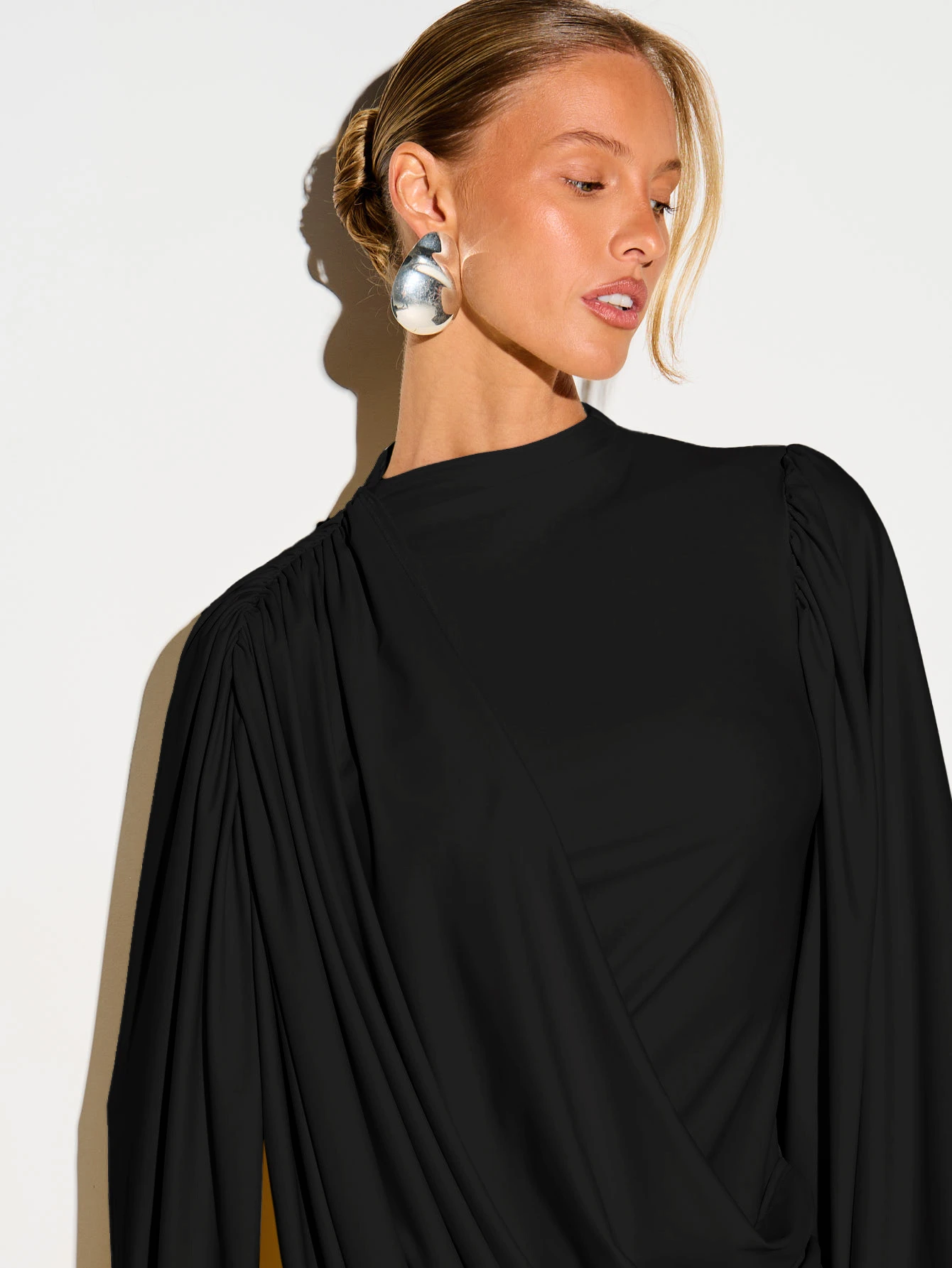 Cape Detail Balloon Sleeve Ruched Mini Dress