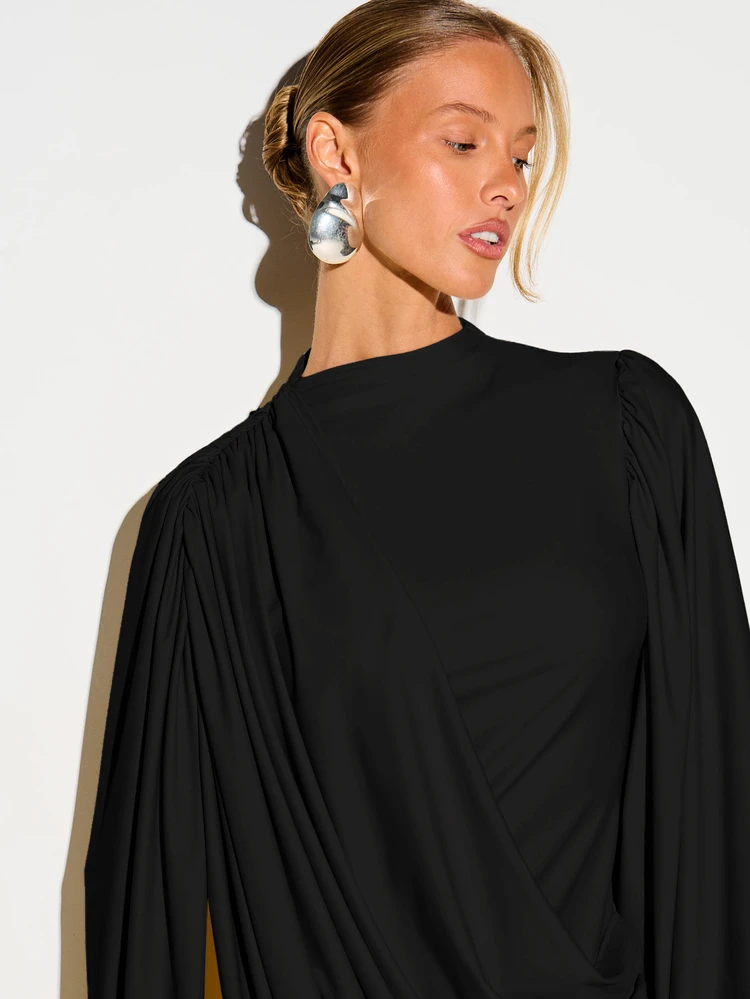 Drape Cape Detail Balloon Sleeve Mini Dress With Ruched Bodycon Skirt And High Neck For Evening And Party Occasions