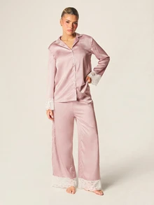 MISSGUIDED Satin Pajama Set With Lace Trim Cuffs And Wide Leg Pants Button Down Long Sleeve Shirt Loungewear - Pink - View 4