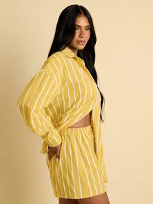 FASHION SZN Womens Casual Striped Cotton Feel Shorts Lightweight Drawcord Tie Waist Elasticated Summer Holiday Beachwear City Break Loose Fit Preppy Sporty Airport Travel Holiday Ibiza - Yellow - View 7
