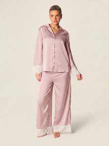 MISSGUIDED Satin Pajama Set With Lace Trim Cuffs And Wide Leg Pants Button Down Long Sleeve Shirt Loungewear - Pink - View 1