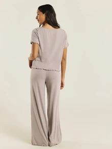 KSTM Ribbed Knit Short Sleeve Crew Neck Top And Wide Leg Full Length Pants Lounge Set With Lettuce Hem Detail - Grey - View 5