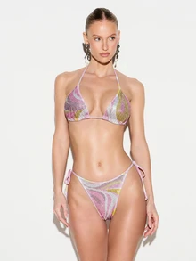 KIZN Sequin Diamante Swirl Print Triangle Bikini Set With Tie-Side Bottom And Halter Neck For Beach Summer - Pink - View 1